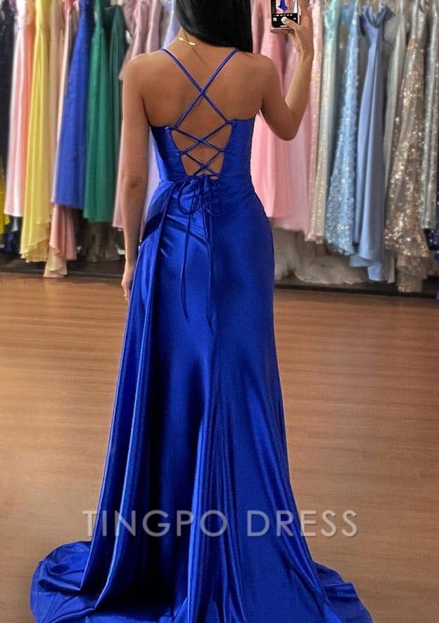 TingPo Wholesale Trumpet/Mermaid Sweetheart Sleeveless Sweep Train Silk like Satin Ruched Prom Dress